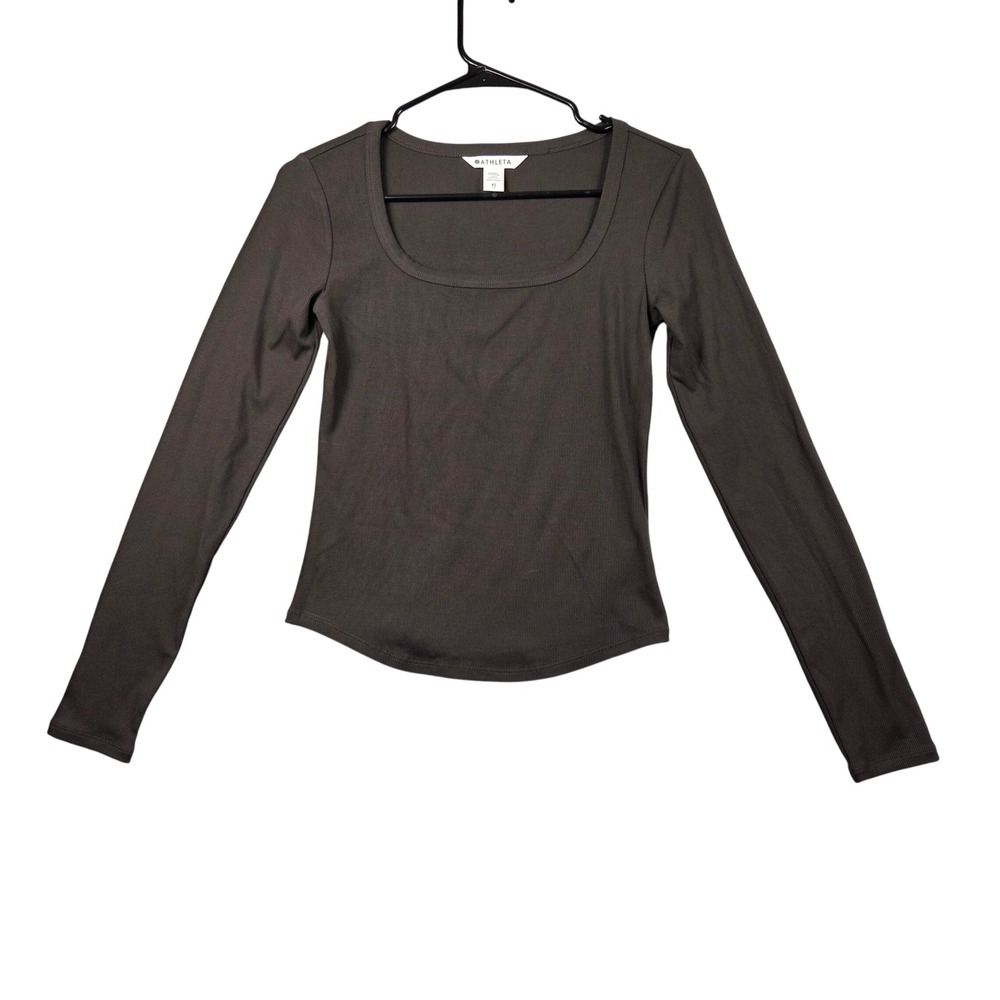 Athleta Long Sleeve Top Womens XS Brown Excellent Ribbed Scoop Neck Curved Hem